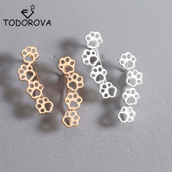 Todorova Cute Paw Trail Cat and Dog Footprints Stud Earrings for Women Ear Climbers Ear Crawlers Earrings Female Jewelry