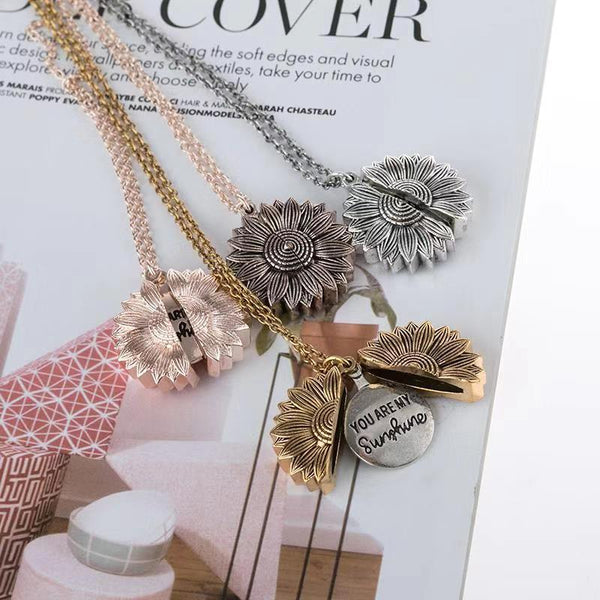 Sunflower Open Locket Sweater Chain Necklace Fashion You are my Sunshine Pendant Necklace Gift Jewelry for Women Girls