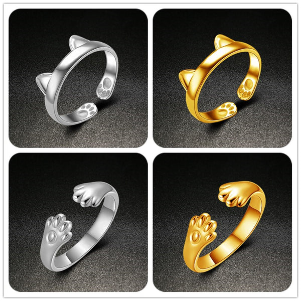 Lovely Cat Ear Paw Print Open Design Band Ring Cute Adjustable Cat Finger Ring Nonallergic Jewelry Gift For Women Girls