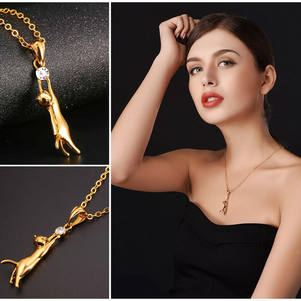 U7 Cute Cat Necklace Rhinestone with Chain Girls Charm Smooth Collarbone Necklace Animal Pet Jewelry Wholesale Dropshipping P379