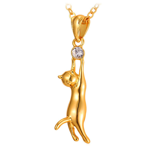 U7 Cute Cat Necklace Rhinestone with Chain Girls Charm Smooth Collarbone Necklace Animal Pet Jewelry Wholesale Dropshipping P379