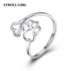 Beauty Hollow Paw Print 925 Sterling Silver Ring Open Adjustable Ring Pet Jewelry Creative Pierced Love Dog Cat Claw Ring