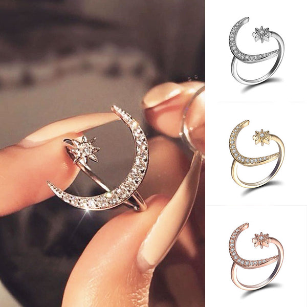 Fashion Rhinestones Rings Moon Star Opening Adjustable Ring for Women Rose Golden Ring Temperament Jewelry Crystal Ring Bohemia