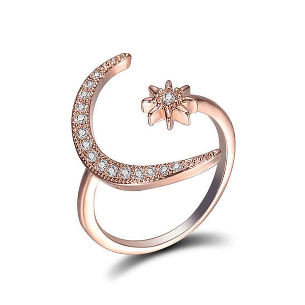 Fashion Rhinestones Rings Moon Star Opening Adjustable Ring for Women Rose Golden Ring Temperament Jewelry Crystal Ring Bohemia