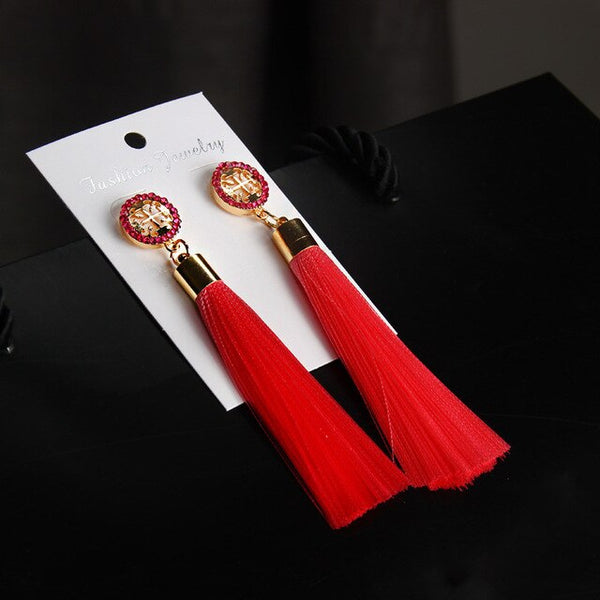 Retro Bohemian Long Tassel Drop Earring Silk Dangle Earrings Hollow Flower Jewelry Crystal Rose Women Wedding 2020 Fashion