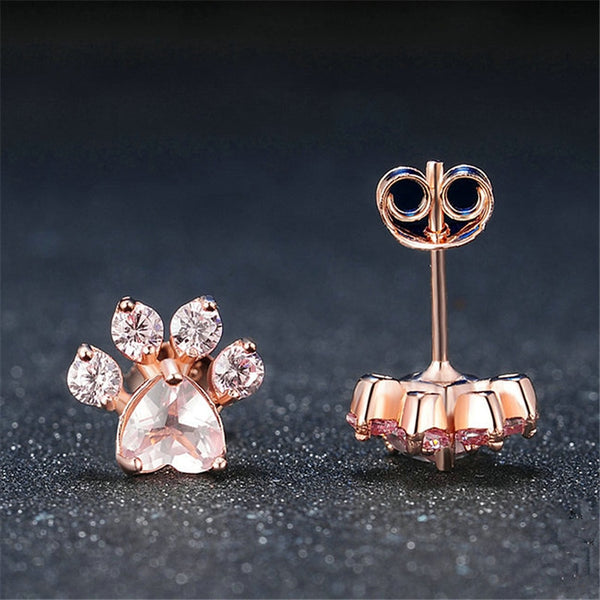 New Fashion Shiny Pink Stud Earrings CZ Cat Bear Dog Paw Jewelry For Women  Rose Gold Small Animal Footprint Lovely Earrings