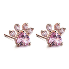 New Fashion Shiny Pink Stud Earrings CZ Cat Bear Dog Paw Jewelry For Women  Rose Gold Small Animal Footprint Lovely Earrings
