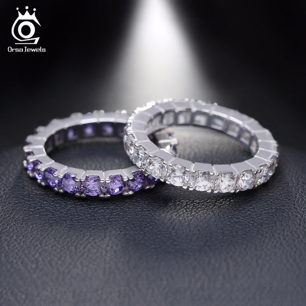 ORSA JEWELS Luxury Austrian Crystal Finger Eternity Ring with Purple or Clear AAA Cubic Zirconia Silver Color Ring Jewelry OR31