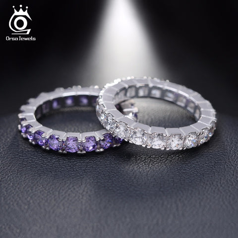 ORSA JEWELS Luxury Austrian Crystal Finger Eternity Ring with Purple or Clear AAA Cubic Zirconia Silver Color Ring Jewelry OR31