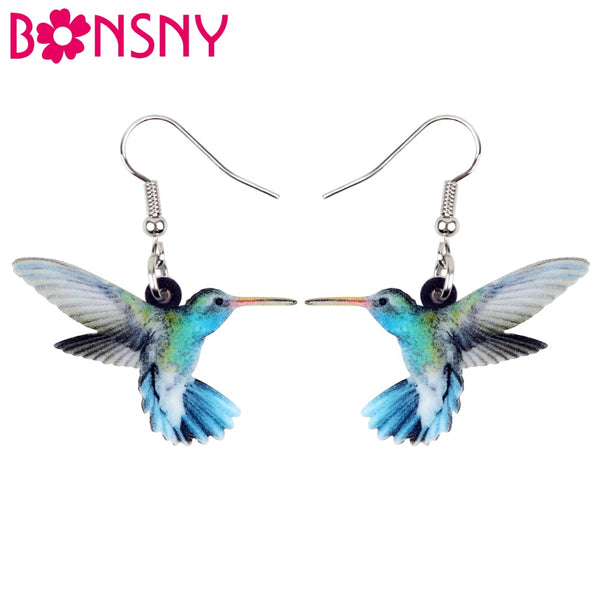 Bonsny Acrylic Flying Voilet Sabrewing Hummingbird Bird Earrings Big Long Dangle Drop Fashion Animal Jewelry For Women Girls Kid